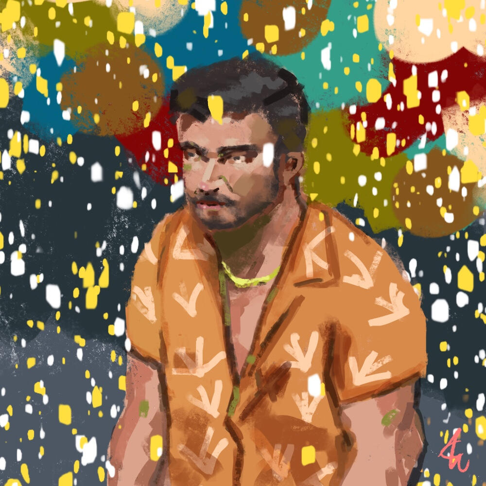 A digital painting of a man in an orange shirt looking fed up while confetti falls around him