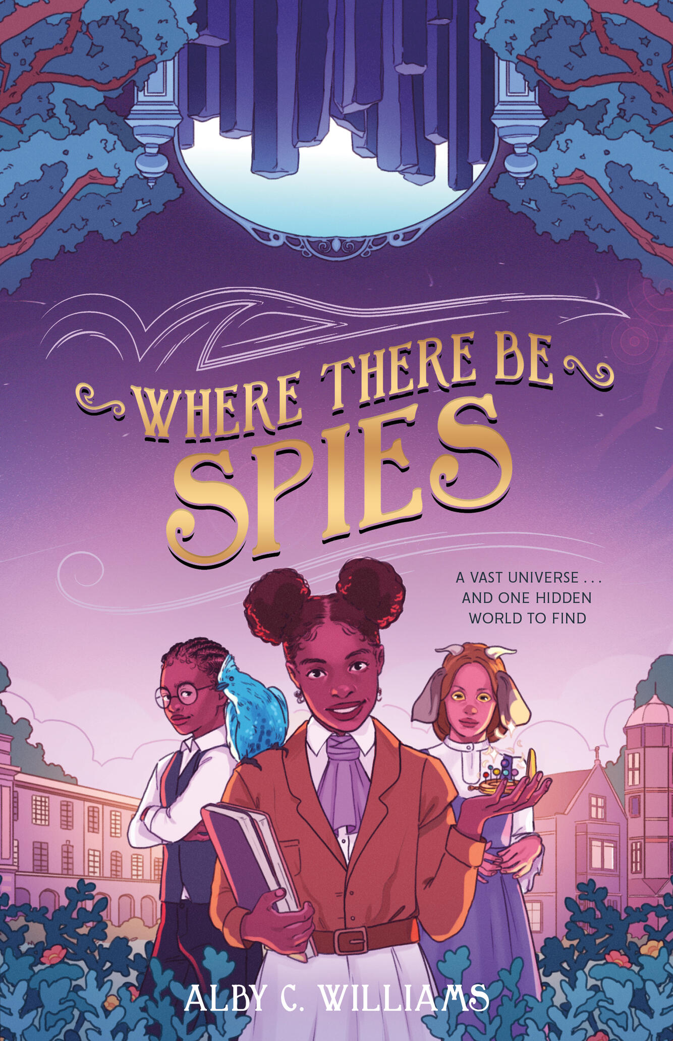 a moody purple and pink children's book cover with a school and hexagonal stone pillars in the background. In the foreground, a black girl in a white dress and brown jacket holds a book while a blue bird sits on her shoulder. A black boy and a girl with go